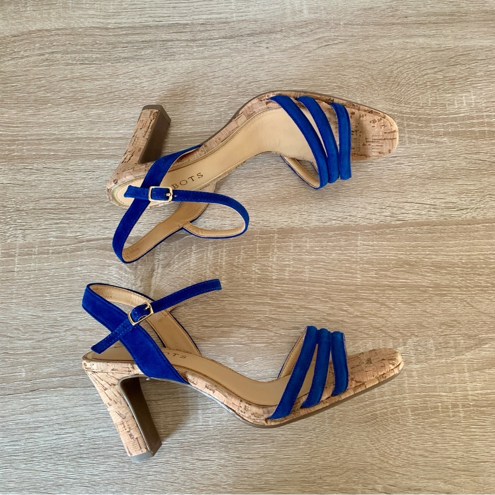 Bright Blue Suede Ankle Strap Cork Heel Sandals Talbots - Picture 7 of 7